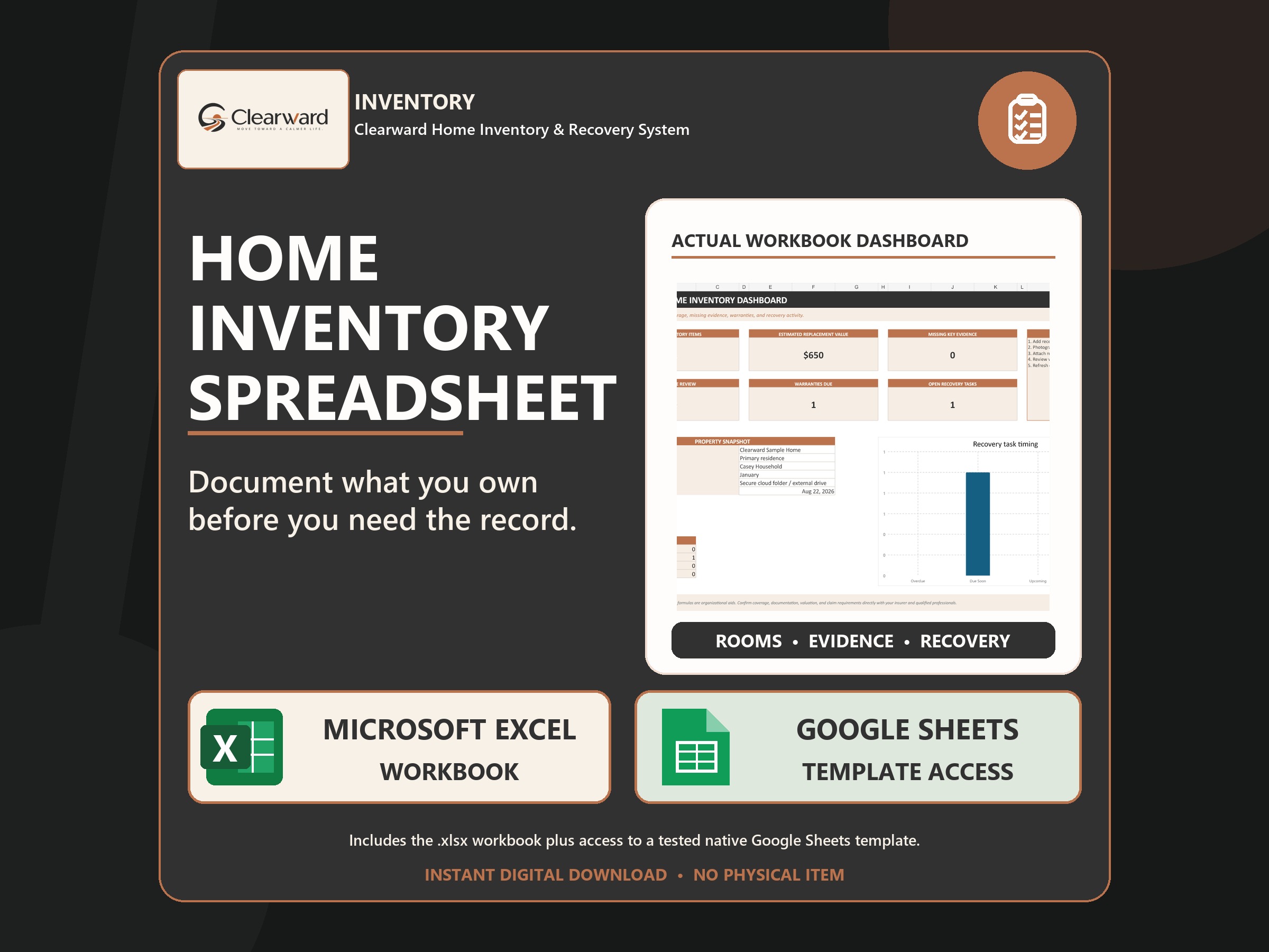 Clearward Home Inventory and Recovery spreadsheet system overview